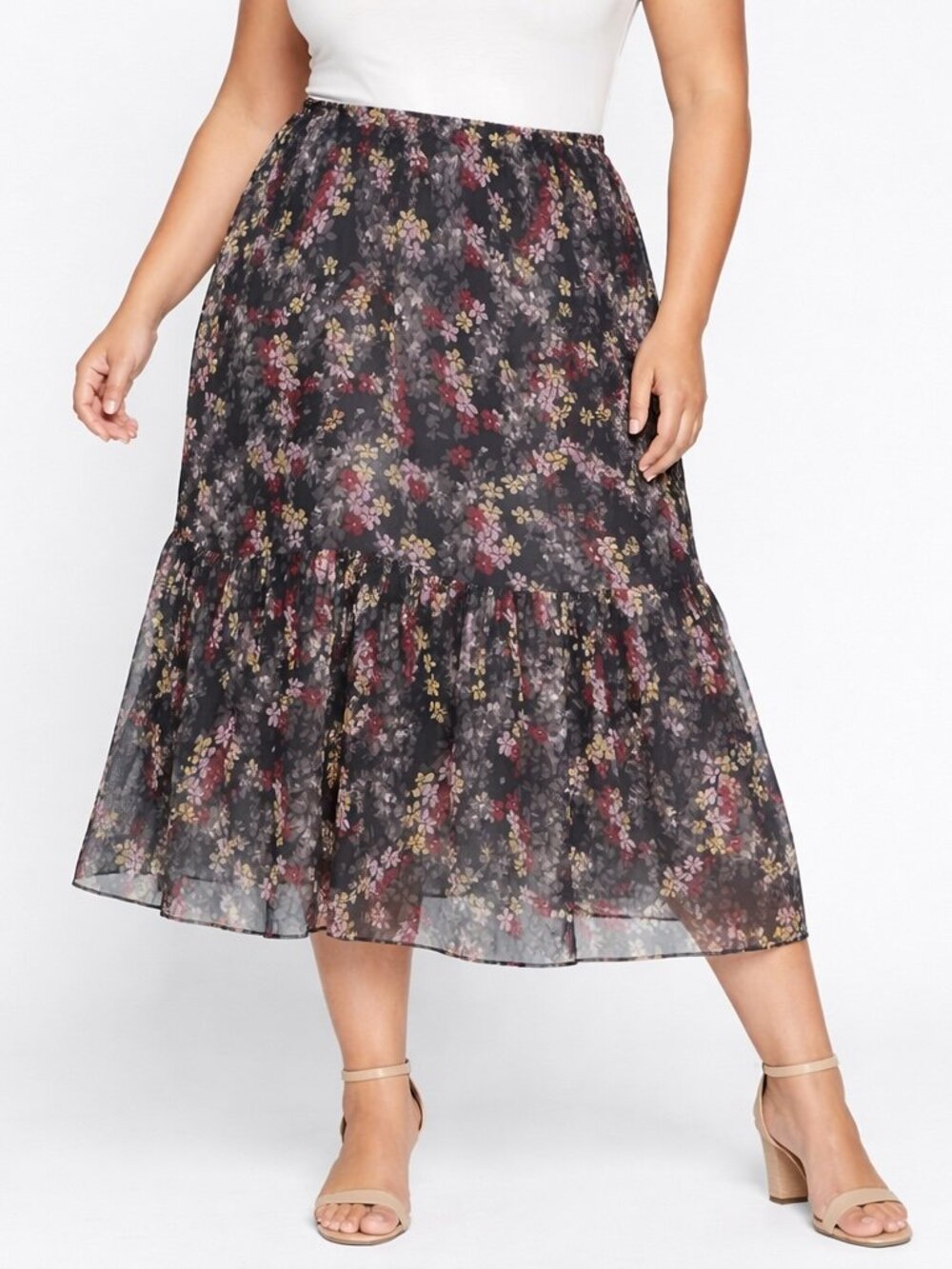 Lauren Ralph Lauren Chiffon Midi Skirt Womens 14 Dark Floral Tiered Ruffle Lined